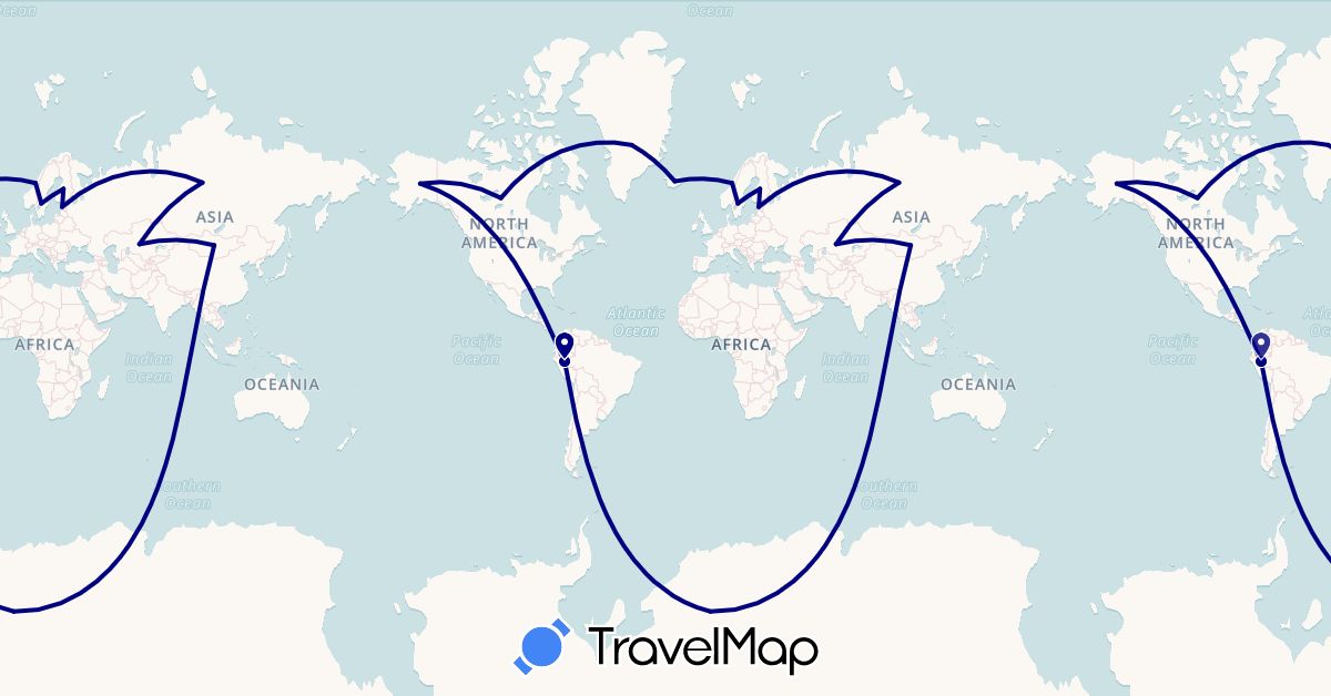 TravelMap itinerary: driving in Canada, Estonia, Finland, Greenland, Iceland, Kazakhstan, Mongolia, Norway, Peru, Russia, Sweden, United States (Asia, Europe, North America, South America)